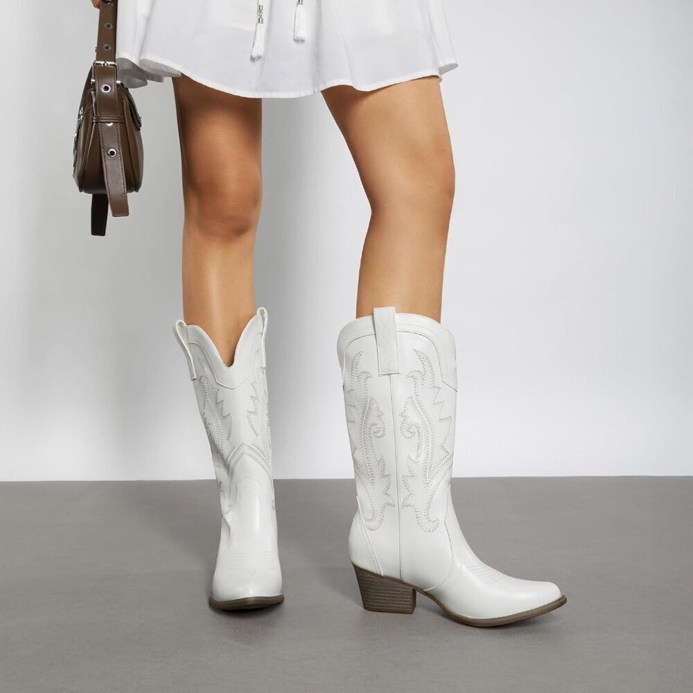 Women's White Cowgirl Boots Embroidered Pointed Toe Low Heel Mid Calf Boot - Picture 7 of 8